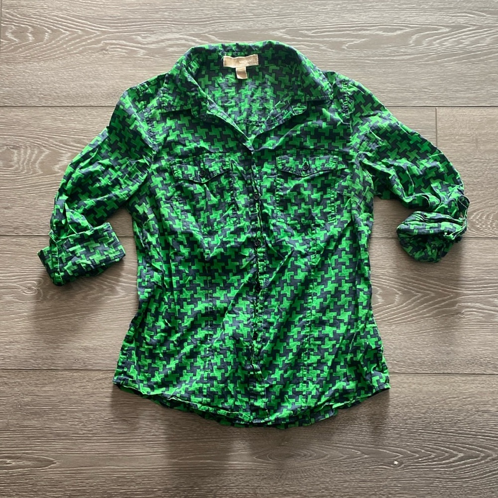 Michael Kors Green Houndstooth Women's Button Down Top size M